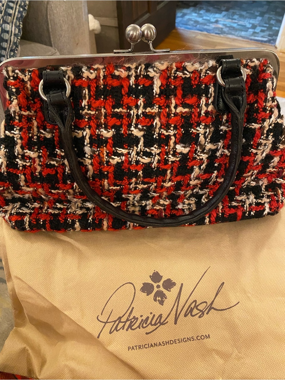 Patricia Nash Tweed Frame Satchel Bag in Black and Red with dust bag